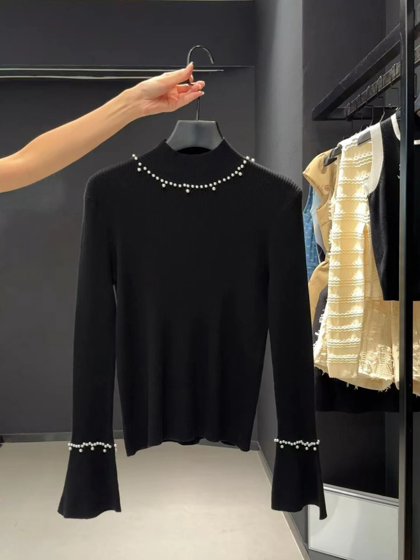 

Ele Pure Color трикотаж из бисера Long Sve Base irt Sli простой дизайн уникальный топ для осенне-зимних поездок на работу