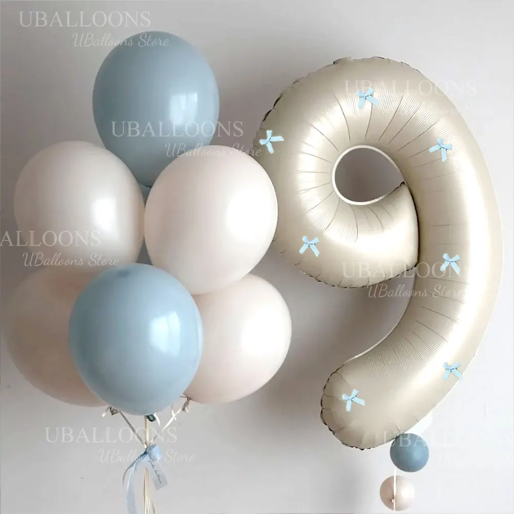 32-Zoll-Creme-Zahlenballon mit blauen Schleifen, 1, 2, 3, 4, 5, 6, 7, 8, 9, babyblaue Schleife, beige Zahlenballons für Geburtstags-Babyparty-Dekoration – Detail 5