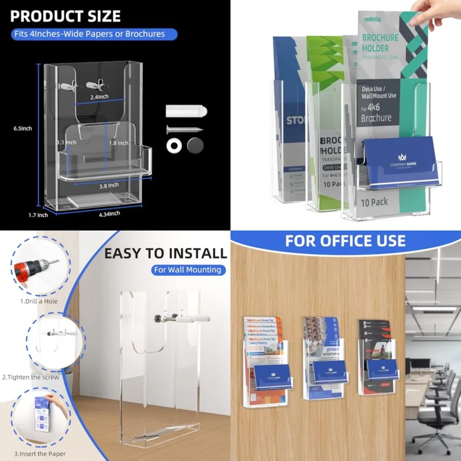 

10 Pack 4 X 6 Inch Acrylic Brochure Holder Wall Mount, Pamphlet Holder Wall Mount, Clear Plastic Brochure Display Stand, Litera
