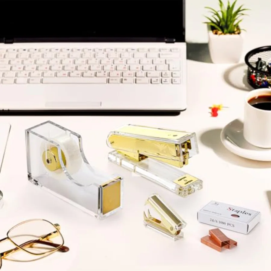 Conjunto de grampeador e dispensador de fita dourada acrílica, acessórios de mesa, material de escritório, inclui removedor de grampos de fita e 1000 peças 24 6 grampos