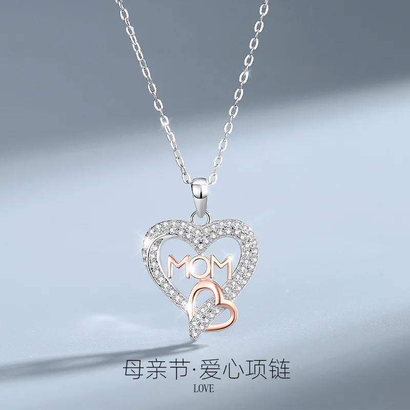 LinkerLove S925 Sterling Silver Mom Double Heart Pendant Necklace for Women Choker Necklace Fine Jewelry Gift for Mothers Day