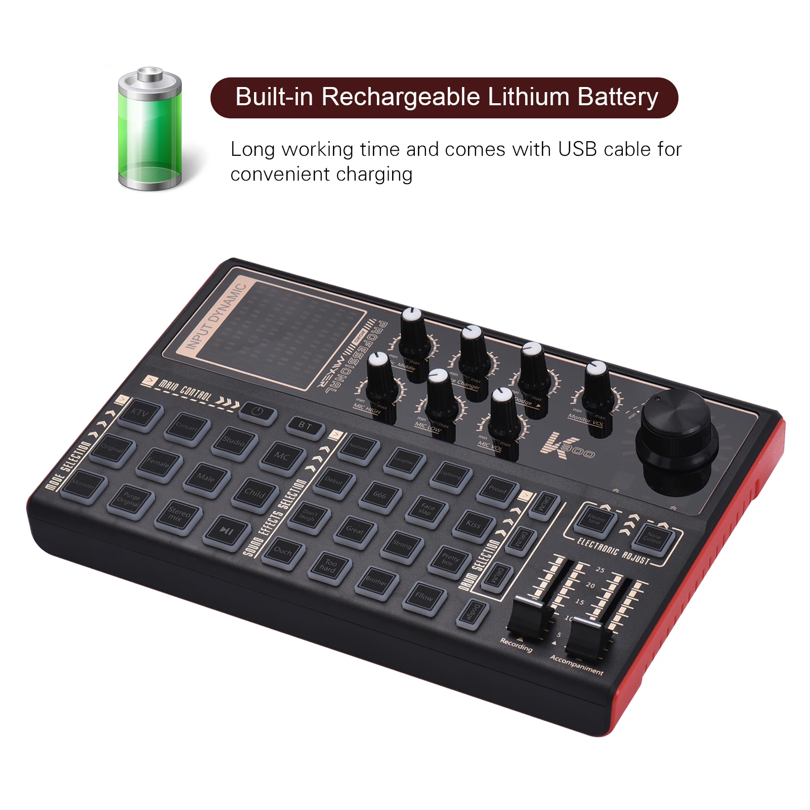 SK300 Live Sound Card External Voice Changer Audio Mixer Built-in Rechargeable Battery Multiple Sound Effects for Live Streaming