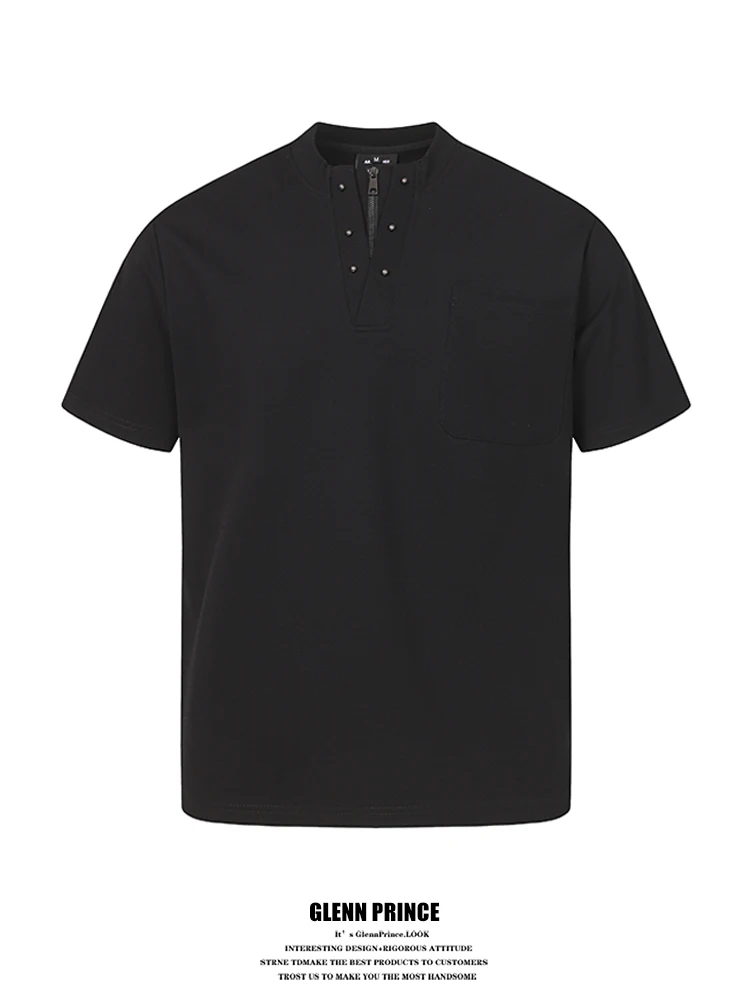

GPstudio Men's Short Sleeve T-Shirt Zipper Henry Collar Fashionable Rivet Half Zip Summer High-End Feeling Cool Sleeve T-Shirt