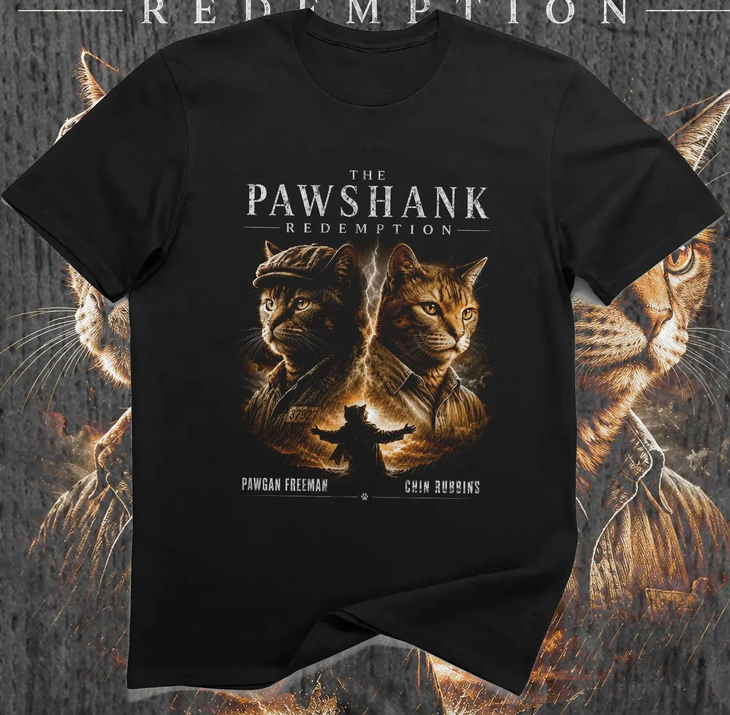 The Pawshank Redemption Cat T-Shirt – Funny Prison Movie Parody Graphic Tee Four season popular unisex T-shirt