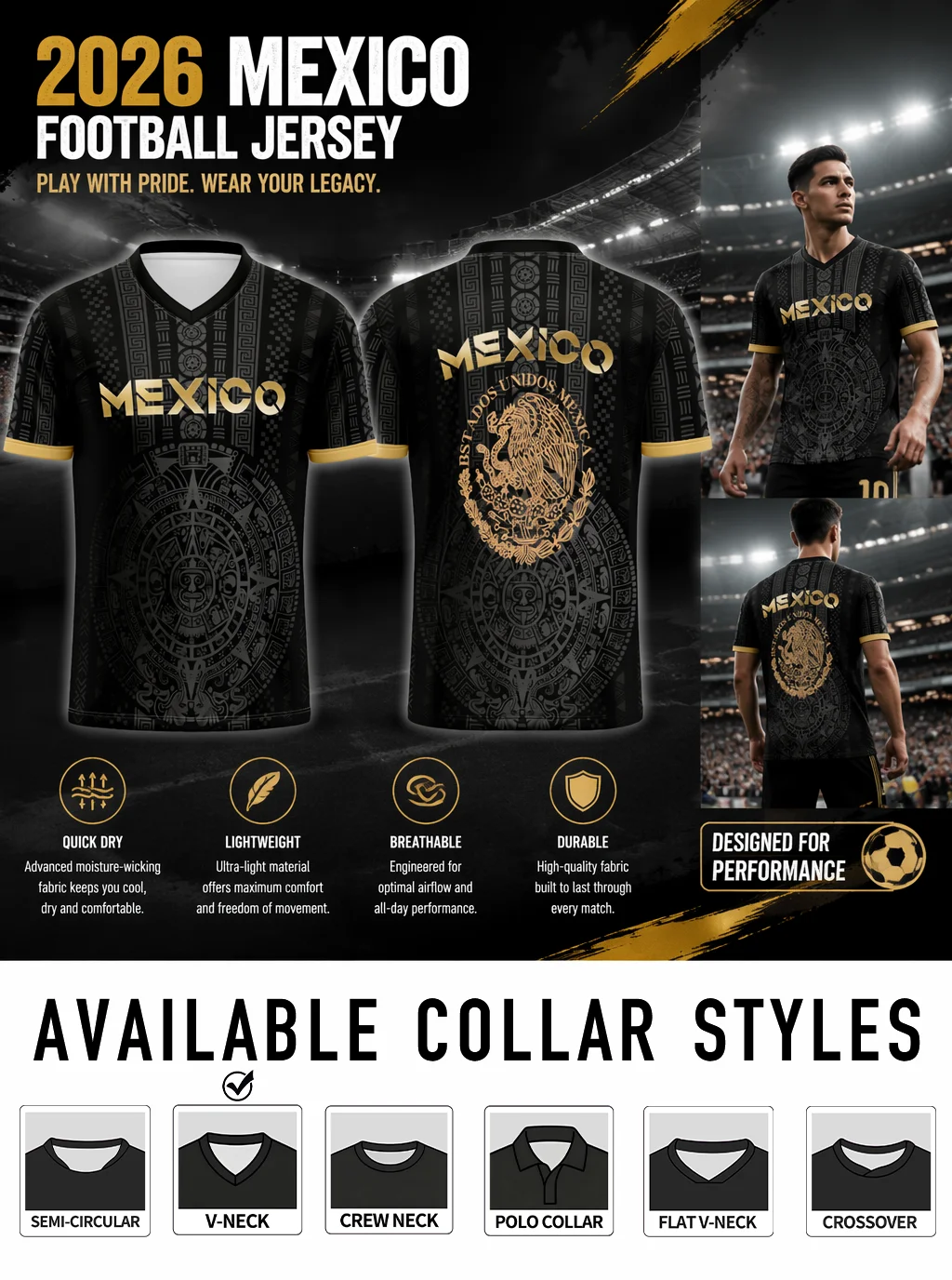 2026 Mexico football jersey, premium golden Aztec calendar and national‑eagle print, classic V‑neck short‑sleeve top