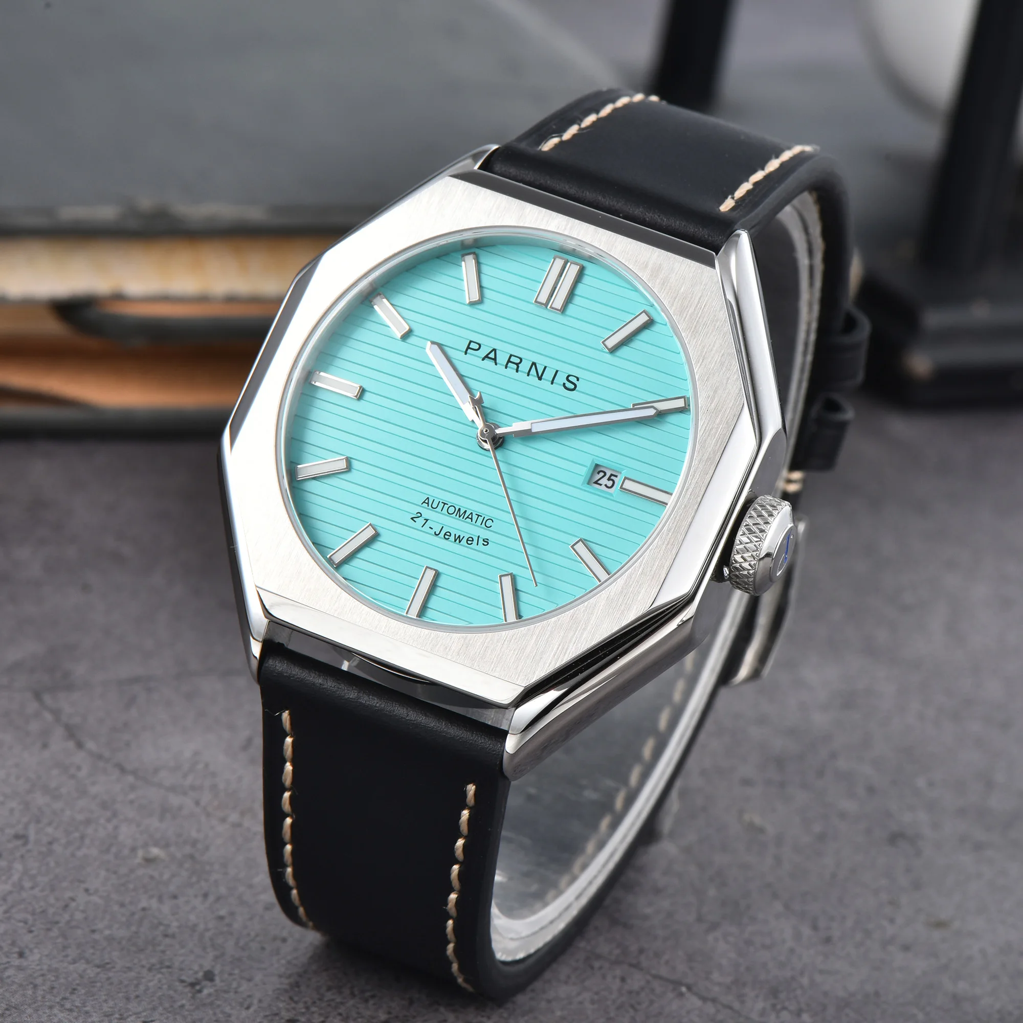 Nuovo Parnis 43mm quadrante blu orologio automatico da uomo cinturino in pelle cristallo di zaffiro Miyota 8215 orologio meccanico da uomo reloj hombre 2025