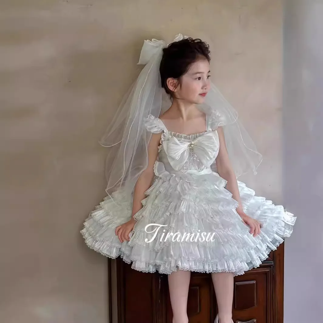 White Lace Lolita Girls Wedding Dresses Bow Puff Sleeve Princess Pageant Dress Tulle Baby Birthday Party Kids Boutique Clothes