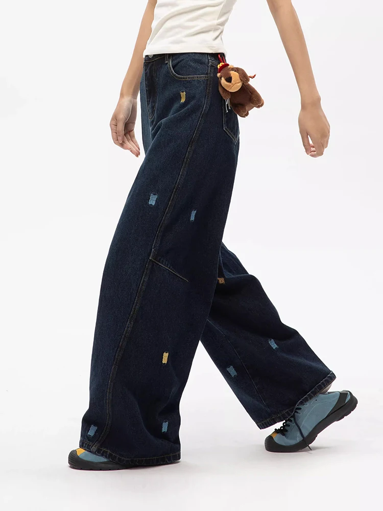 กางเกงยีนส์ขากว้างปักลายหมีน้อยสำหรับผู้หญิงเอวสูงทรงหลวมทรงตรงยาวถึงพื้น