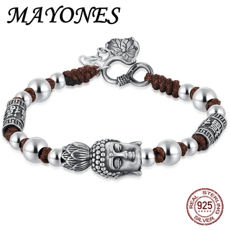 

Vintage 999 Sterling Silver Buddha Head Hand Woven Bracelet Men's Talisman Valentine's Day Lucky Fashion Jewelry Gift