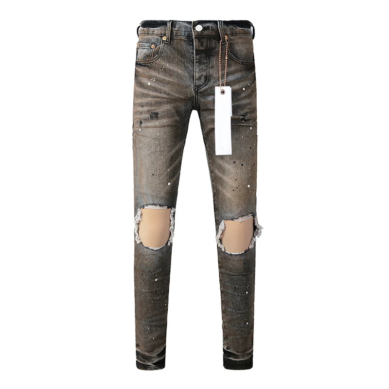 

Summer's Distressed Dirty Streetwear High Stretch Skinny Button Fly Ripped Holes Painted Jeans Pants