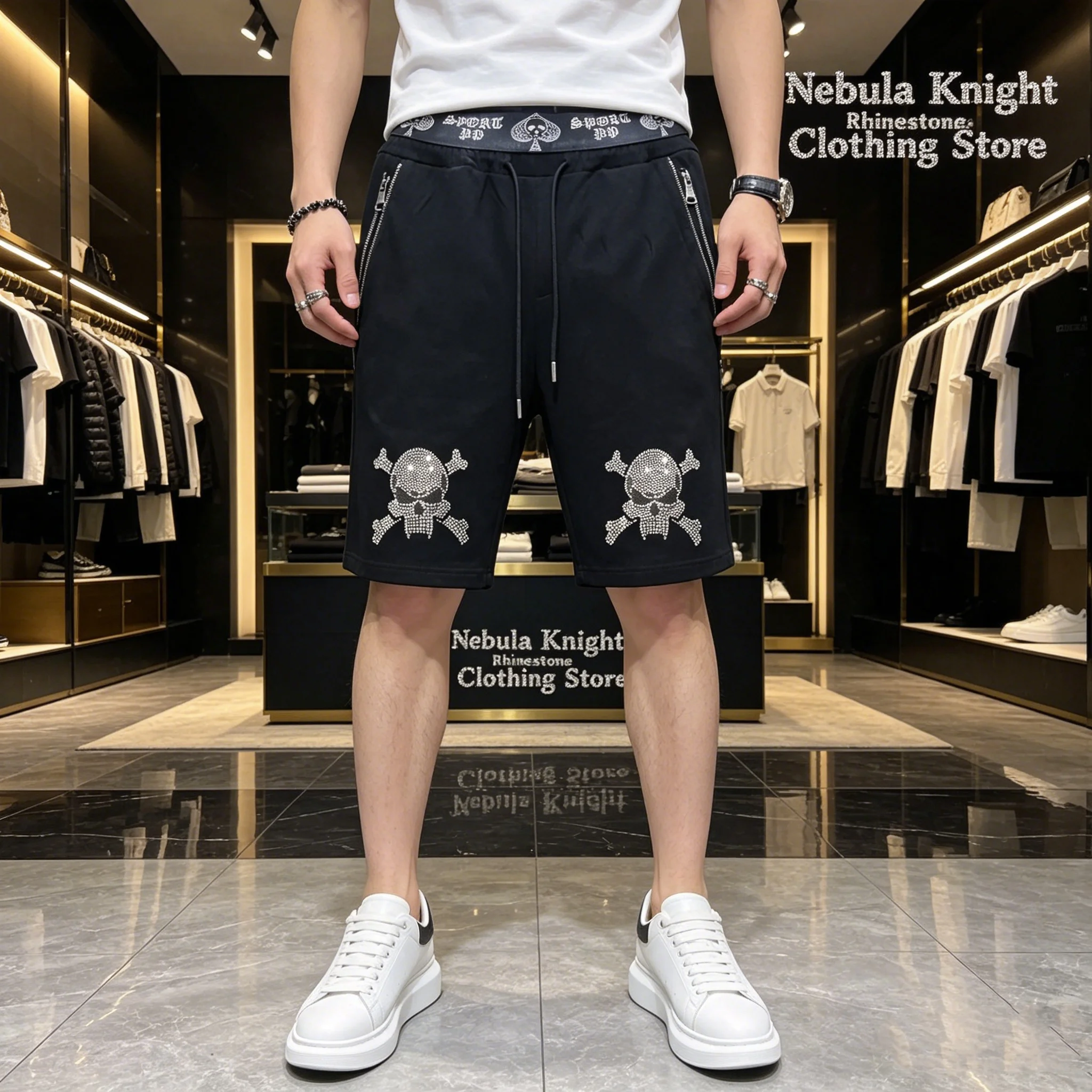 

Men Summer Casual Rhinestone Sweat Shorts Elastic Waist Zipper Pocket Streetwear Beach Sports Shorts