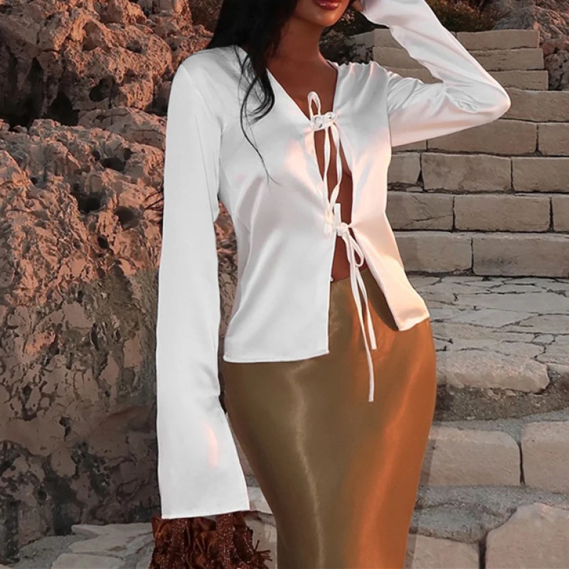 

2025 European and American Autumn Women's Clothing New INS Fashion Deep V Horn Sleeve Strap Top Strap Long Sleeve