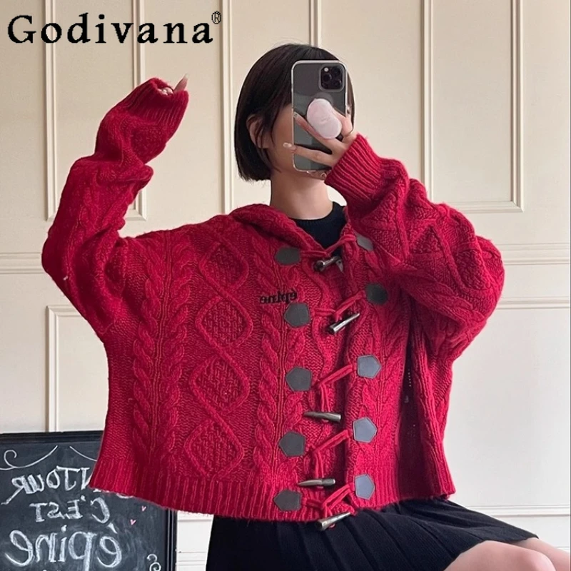 

Милый вязаный кардиган с капюшоном в японском стиле, весна-осень, новинка 2025 года, женская свободная тонкая повседневная вязаная куртка для девочек, рождественский свитер