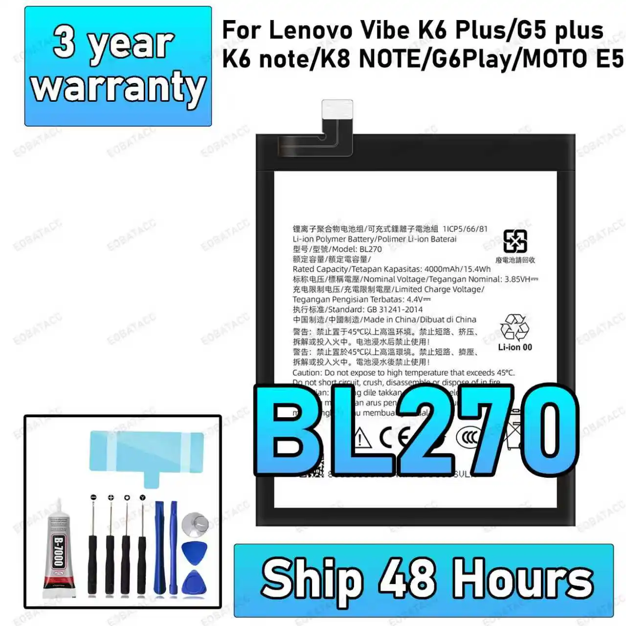 

100% New High Quanlity For Lenovo K6 K8 Note K53a48 Vibe K6 G G5 Plus 4000mAh BL270 Battery For Motorola Moto G6 Play Bateria