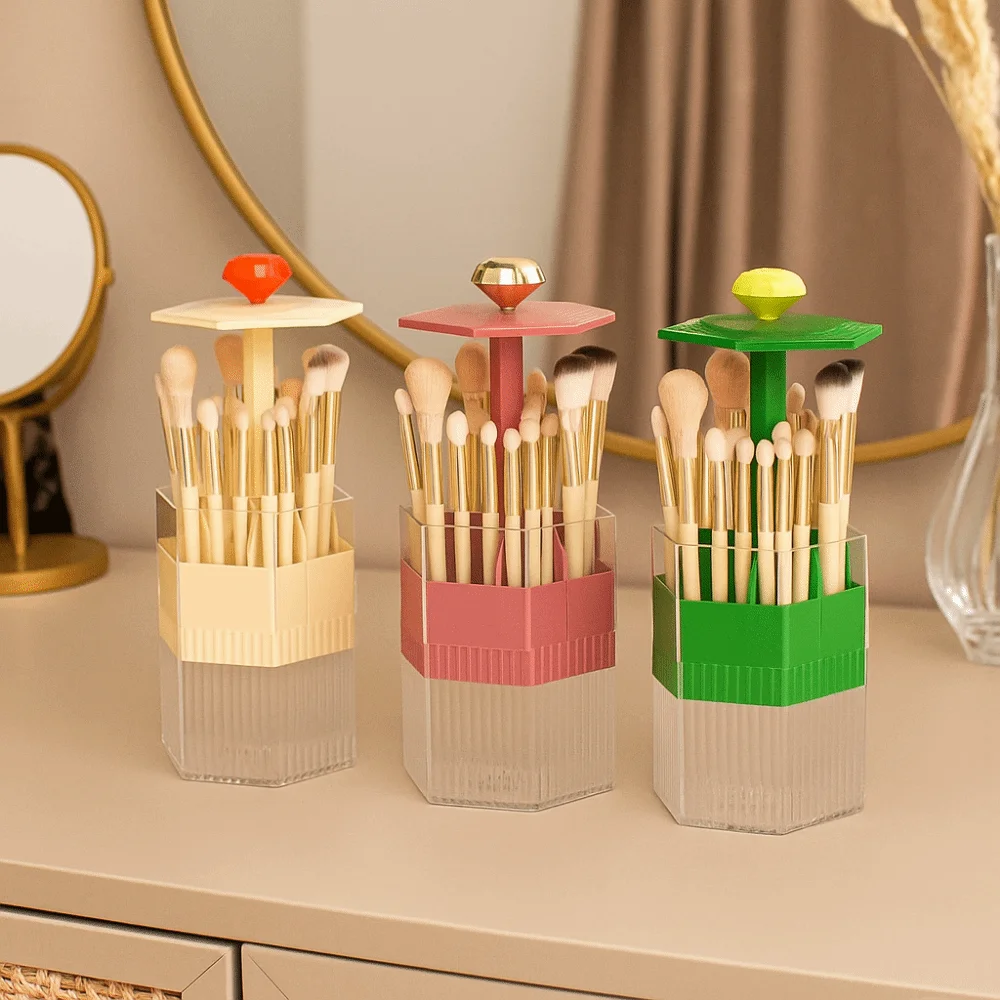 

Plastic Automatic Lifting Makeup Brush Holder Press Type Large Capacity Eyebrow Pencil Container Dustproof Space Saving