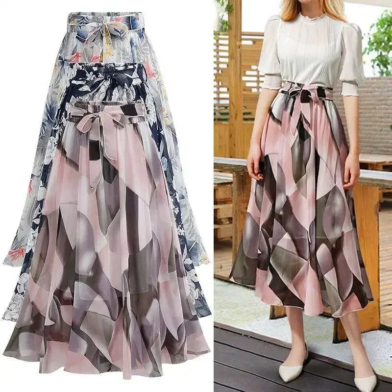 TFETTERS Summer Floral Skirt High Waist Chiffon Midi Skirt White Pink Blue Color 2024 New A World Tie Bow Print Skirts Women