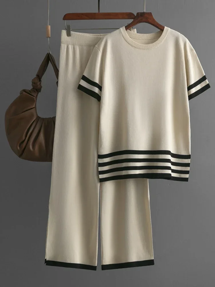 

Весенне-летний новый вязаный комплект, свободные топы с круглым вырезом + длинные брюки с эластичной резинкой на талии, женская офисная одежда для пожилых людей, повседневные костюмы