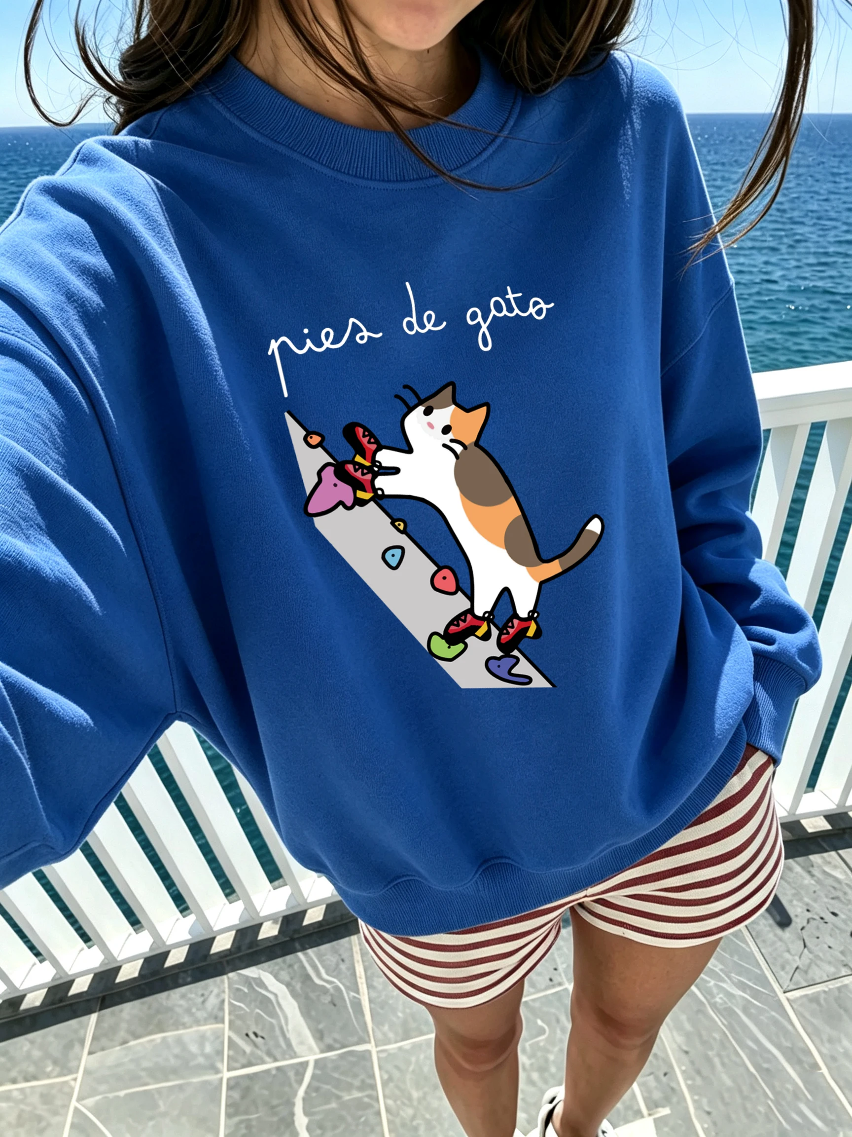 Cat Rock Climb Cute Print Damen Bequemer, weicher Pullover All-Match Hip Hop Sweatshirt Fleece Loose Clothes Herbst Casual Top