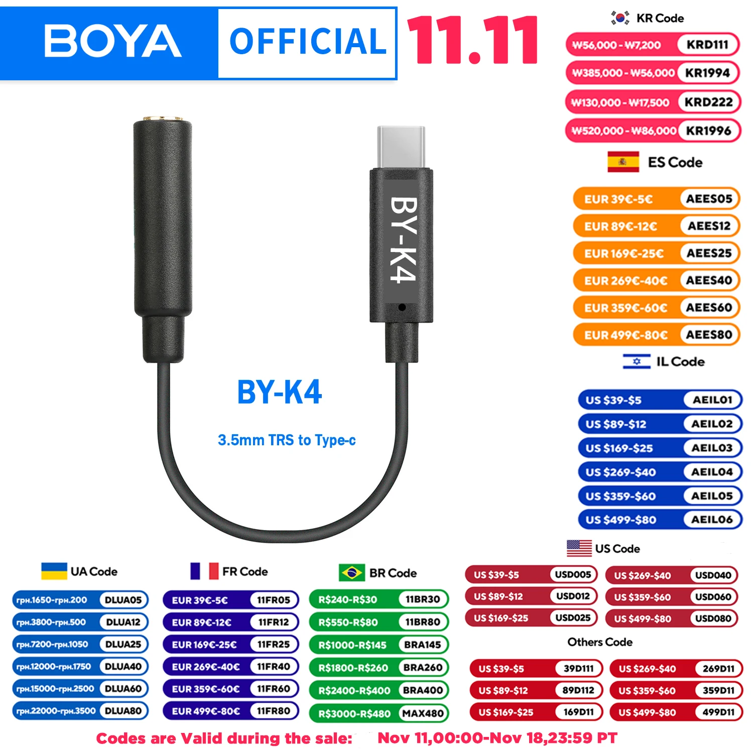 BOYA BY-K4 3.5mm TRS (Female) to Type-C (Male) Audio Microphone Adapter Converter for Android Phones Macbook iPad USB-C Devices