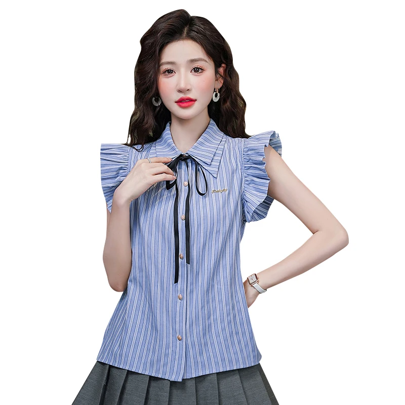 Preppy Style Simple Striped Blouses Flying Sleeve Polo-Neck Tops Spring Summer Elegant Office Lady Casual Bow Shirts Streetwear