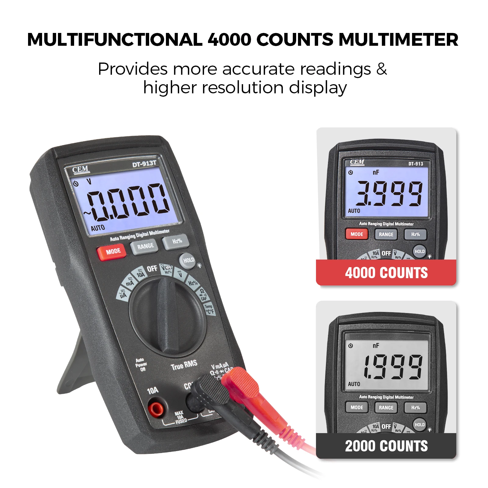

CEM Auto Range Digital Multimeter 4000 Counts DC/AC Voltage Current Tester With Backlight Resistance Data Hold Test Meter