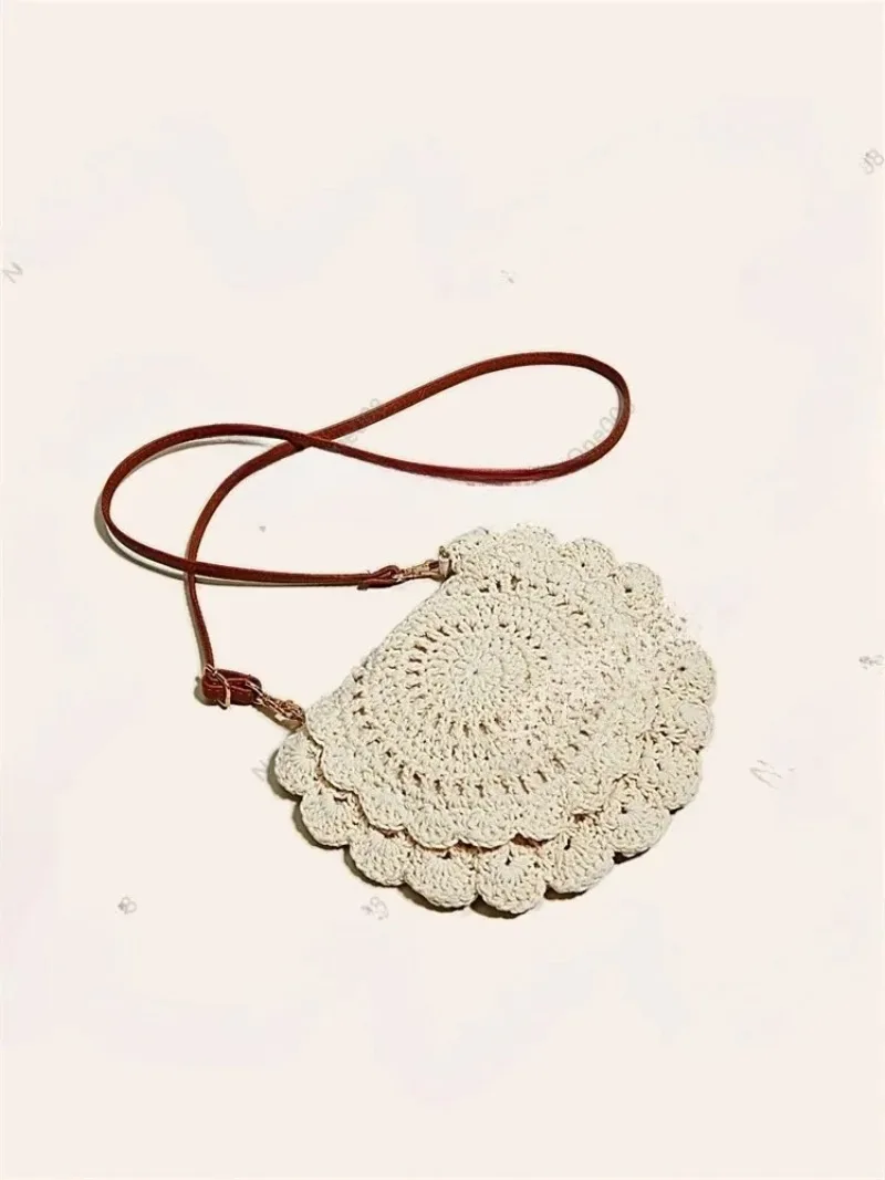 Bohemian Straw Shoulder Bag French Lace Hollow Weave for Women Summer Beach Vacation Messenger Purse