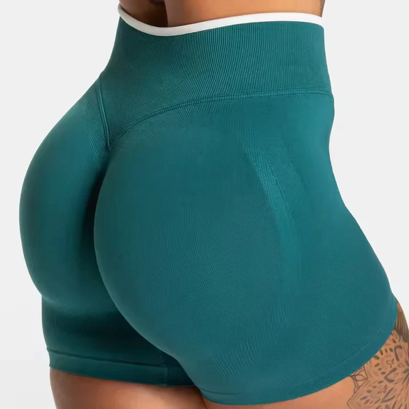 Nessun logo Palestra senza cuciture da donna Sport solidi Accensione corta Vita bianca attillata Vita alta Pantaloni da yoga per sollevamento fianchi Pantaloncini sportivi da corsa