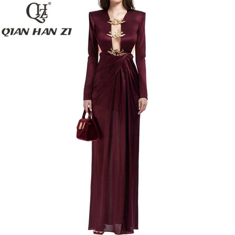 

QHZ New Designer Fashion Backless sexy party Maxi dress Metal Bird Pleats Slim High quality luxury runway Long dress