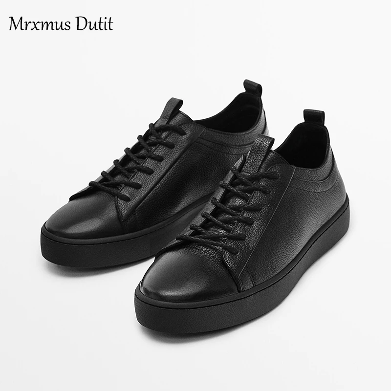 Mrxmus Dutit men\'s shoes 2023 New leather platform skate shoes Comfortable round head lace-up flat casual sneakers