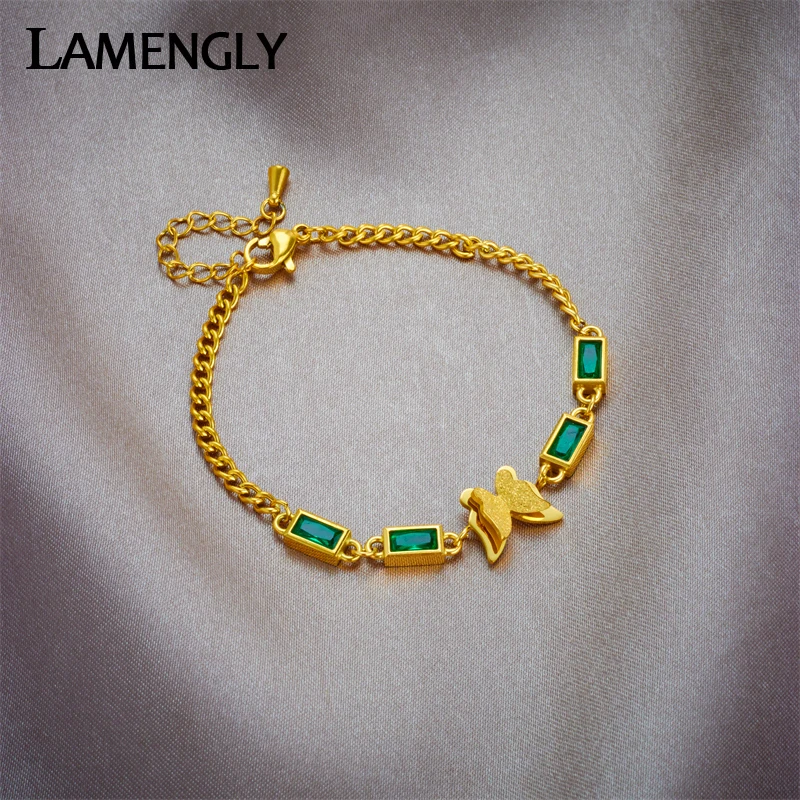 

LAMENGLY 316L Stainless Steel Butterfly Green Zircon Charm Bracelet For Women Girl New Fashion Bangles Link Chain Jewelry Gifts