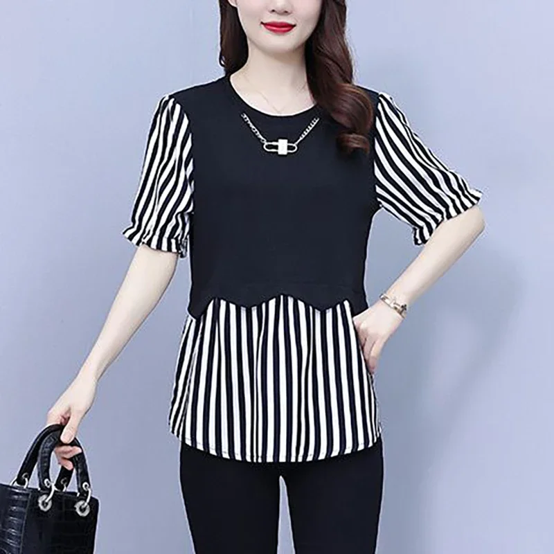 Fashion O-Neck Spliced Striped Fake Two Pieces Blouses Women's Clothing Summer New Loose Commuter Butterfly Sleeve Shirts L126