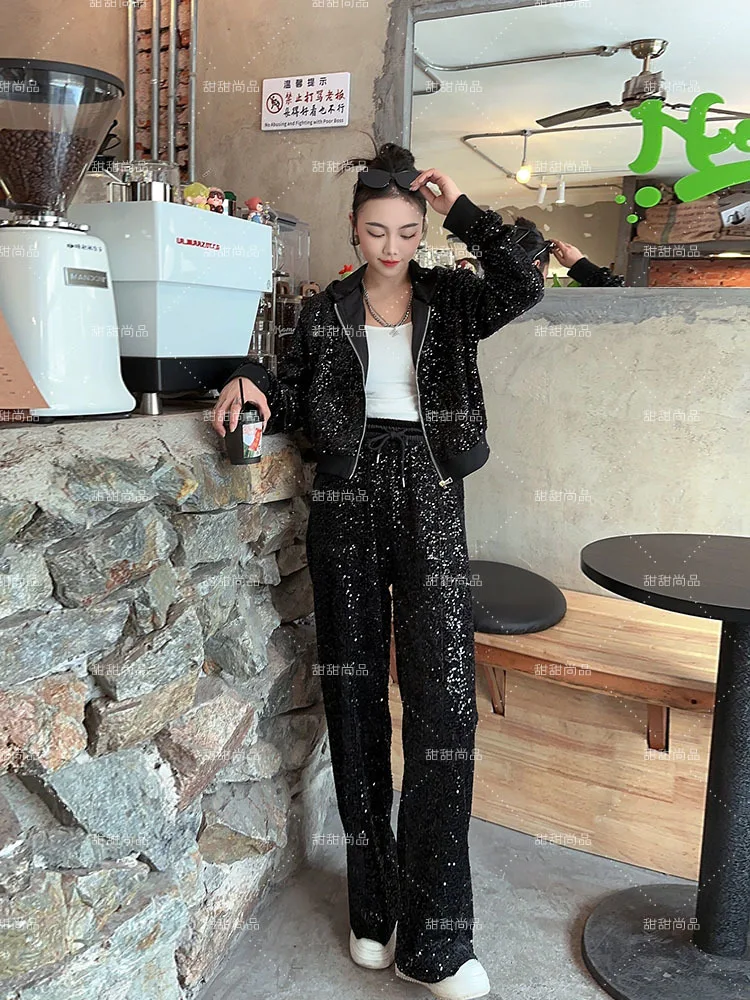 Fashion Sequin Two Piece Se Women Hooded Coat High Waist Wide Leg Pants Vintage Outfit 2024