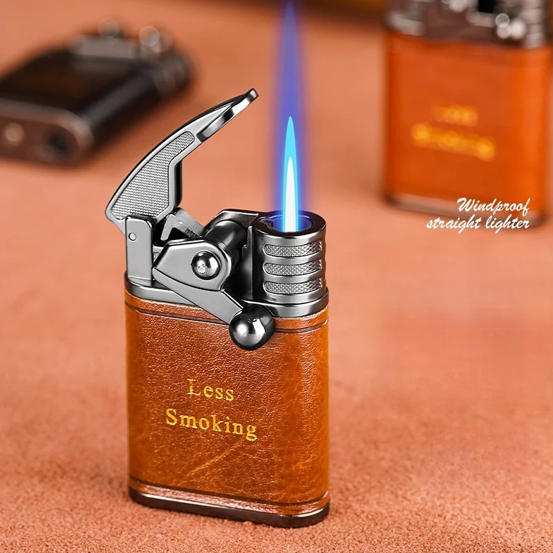 Portbale Retro Leather Rocker Arm Lighrer Windproof Jet Blue Flame Butane Gas Torch Lighter Smoking Accessories for Men’s Gift