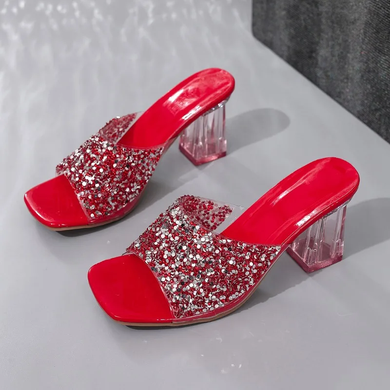 

Square Slippers Summer New Square Head Open Toe Glitter Set Foot Anti-slip Wear-resistant High-heeled Sandals