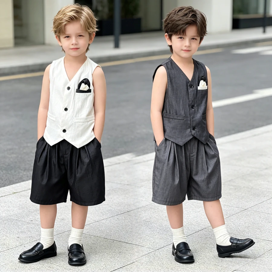 Summer Teen Boys V Neck Vest 2 Piece Outfit Sleeveless Waistcoat Wide Leg Shorts Formal Wedding Party Vintage Suit Set 2-12Years