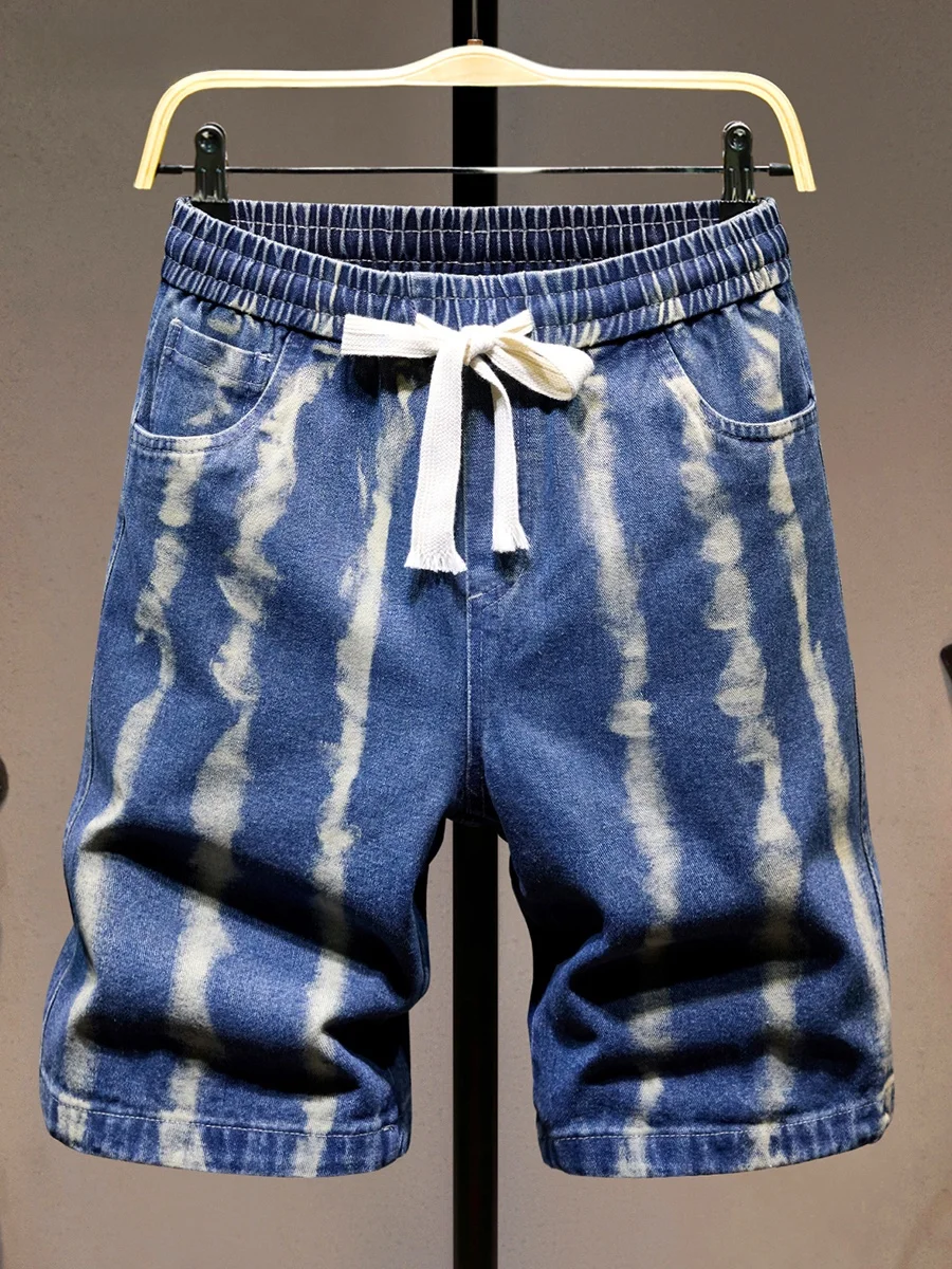 

Loose Fit Men's Summer Denim orts Waed American Retro Striped Waist orts Youth Faion Straight Leg Five-Point Pants