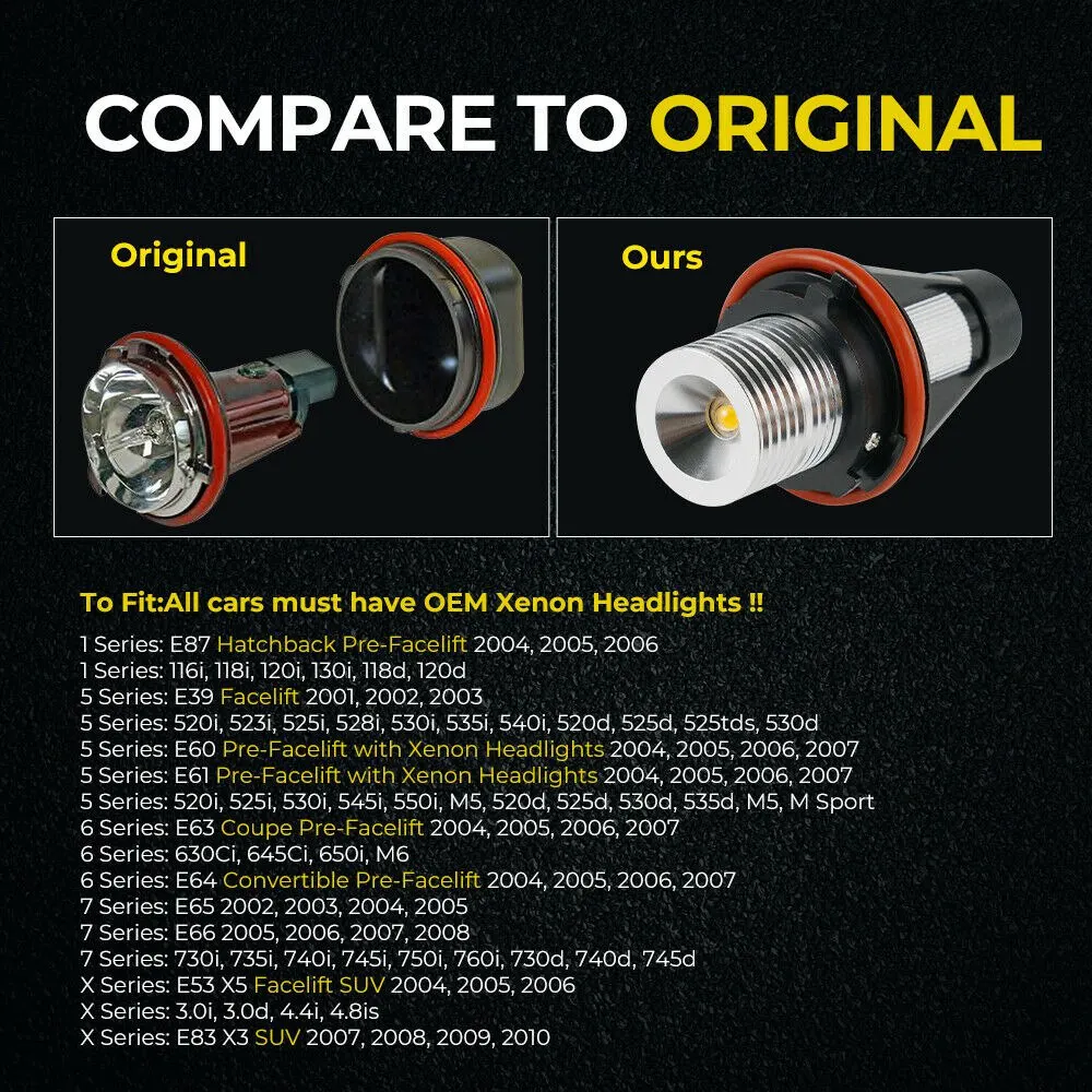 หลอดโคมไฟไฟไฟหน้าฮาโลสำหรับดวงตาสีอำพัน LED 8000K สำหรับ-BMW E39 E53 E60 E63 E64 E66 E87 5 6 7 X3 X5 [แพ็ค2ชิ้น]