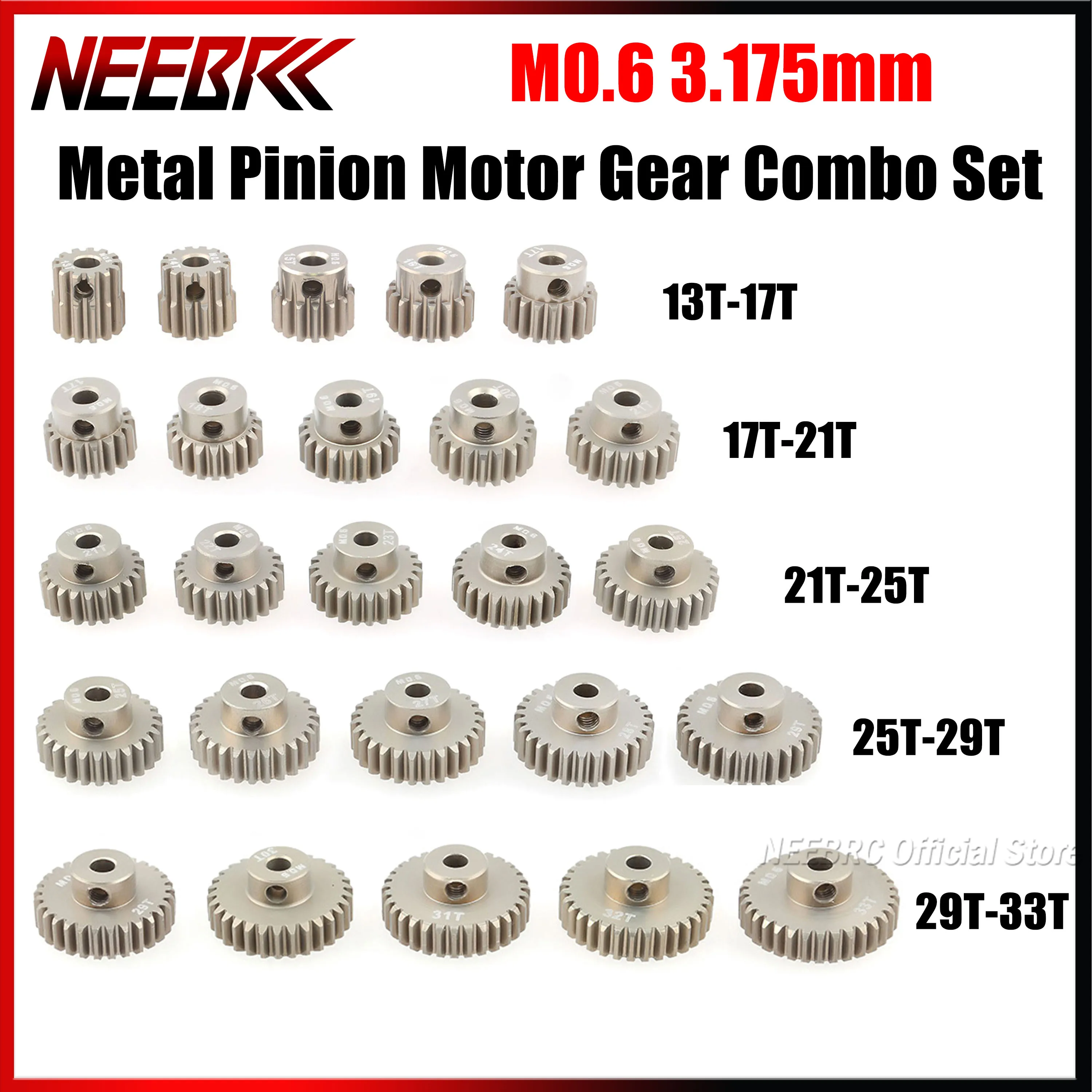 5pcs NEEBRC M0.6 3.175mm Aluminum Teeth 13T-17T 17T-21T 29T-33T Metal Pinion Motor Gear Combo Set for RC 1/10 Car Model Part
