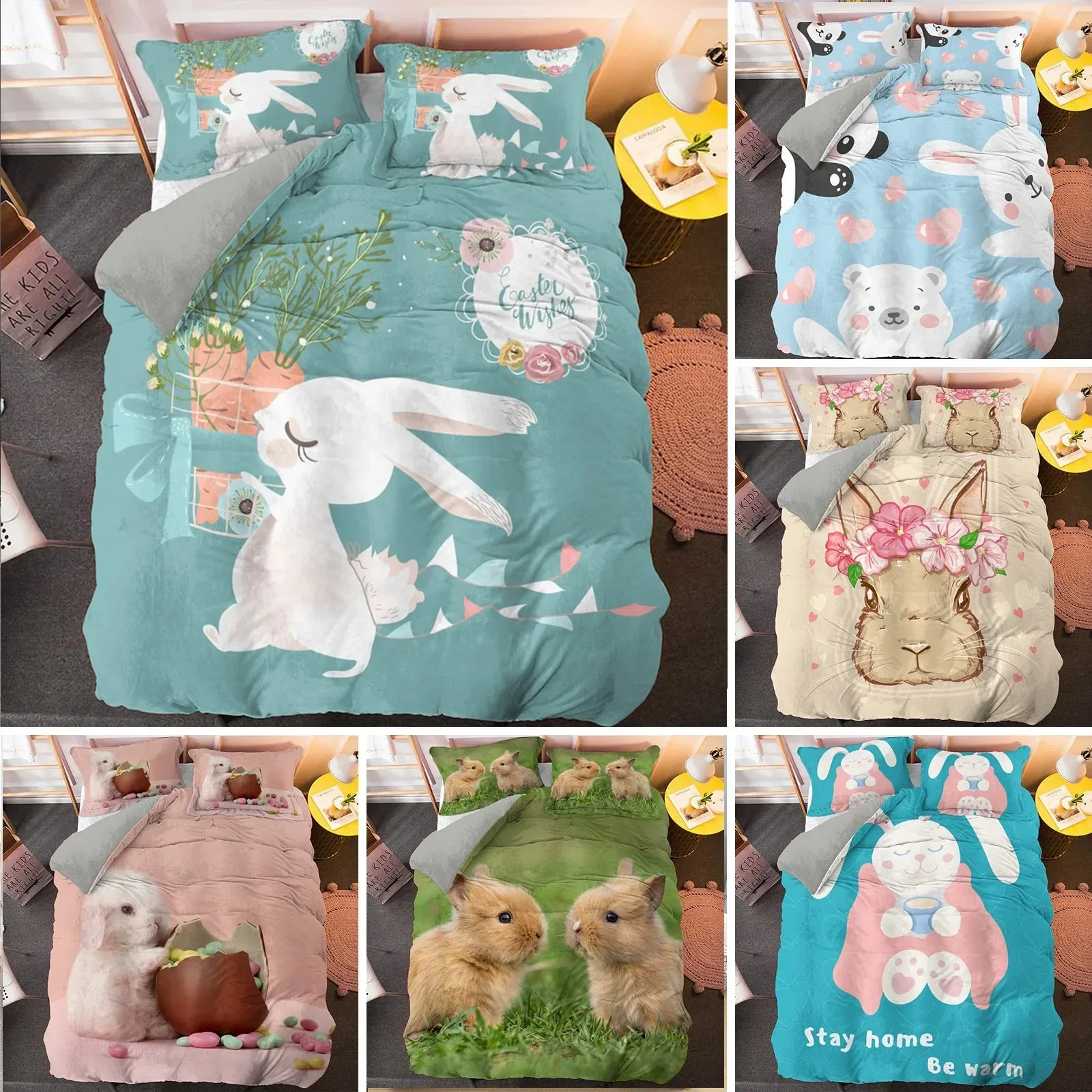 

Cartoon Rabbit King Queen Duvet Cover Pet Animal Carrot Bedding Set for Kids Easter Theme Bule Polyester Quilt Cover