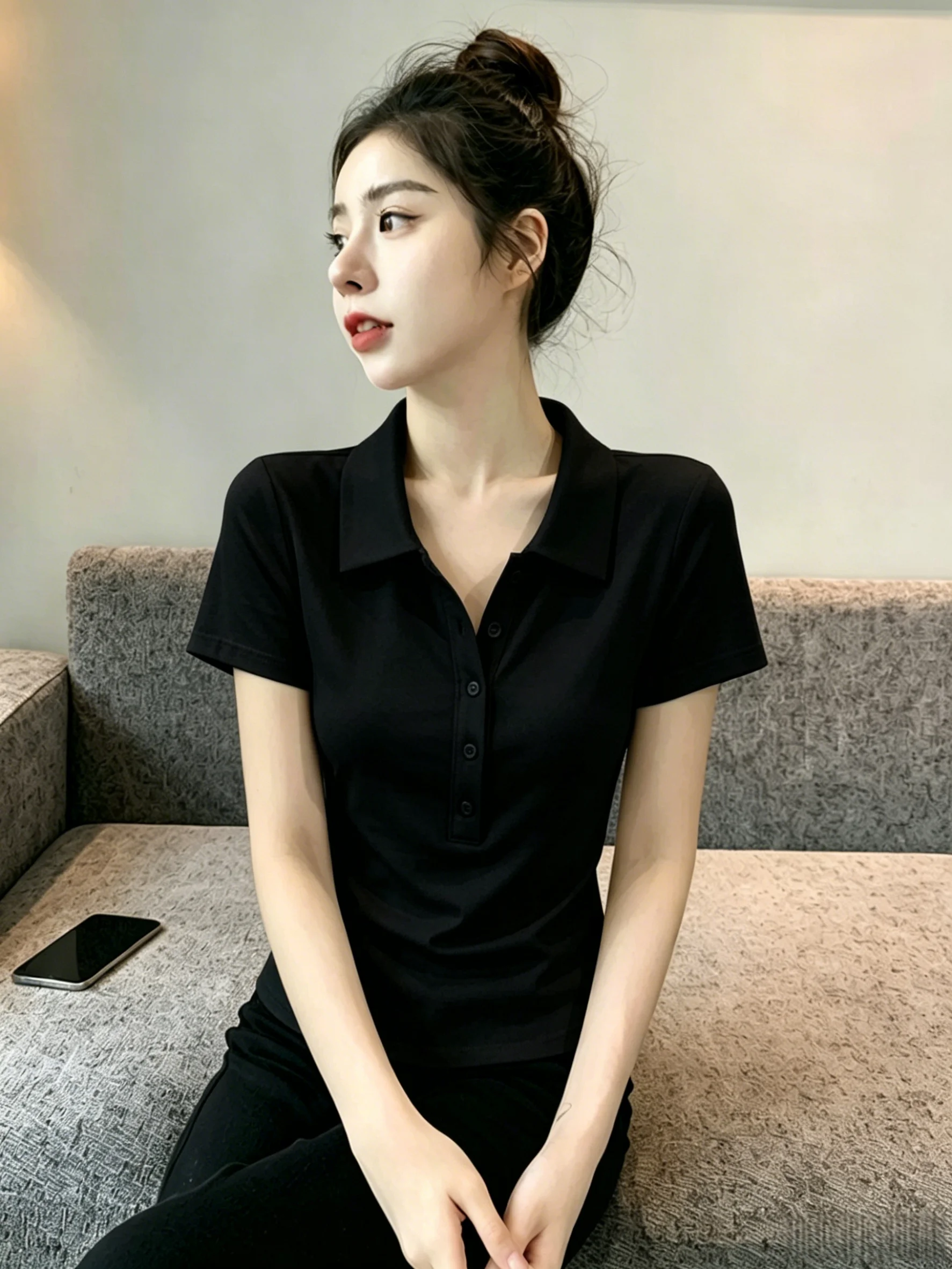 Summer Women's Slim Fit Short Sleeve  Neck T-Shirt 95 Cotton Flattering Shoulder Flip Collar Basic  Color Top