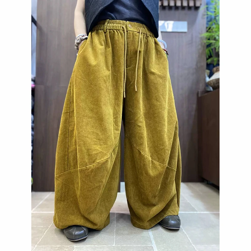 2026 Spring Autumn Arts Style Women Elastic Waist Loose Ankle-length Pants All-matched Casual Cotton Corduroy Wide Leg Pants