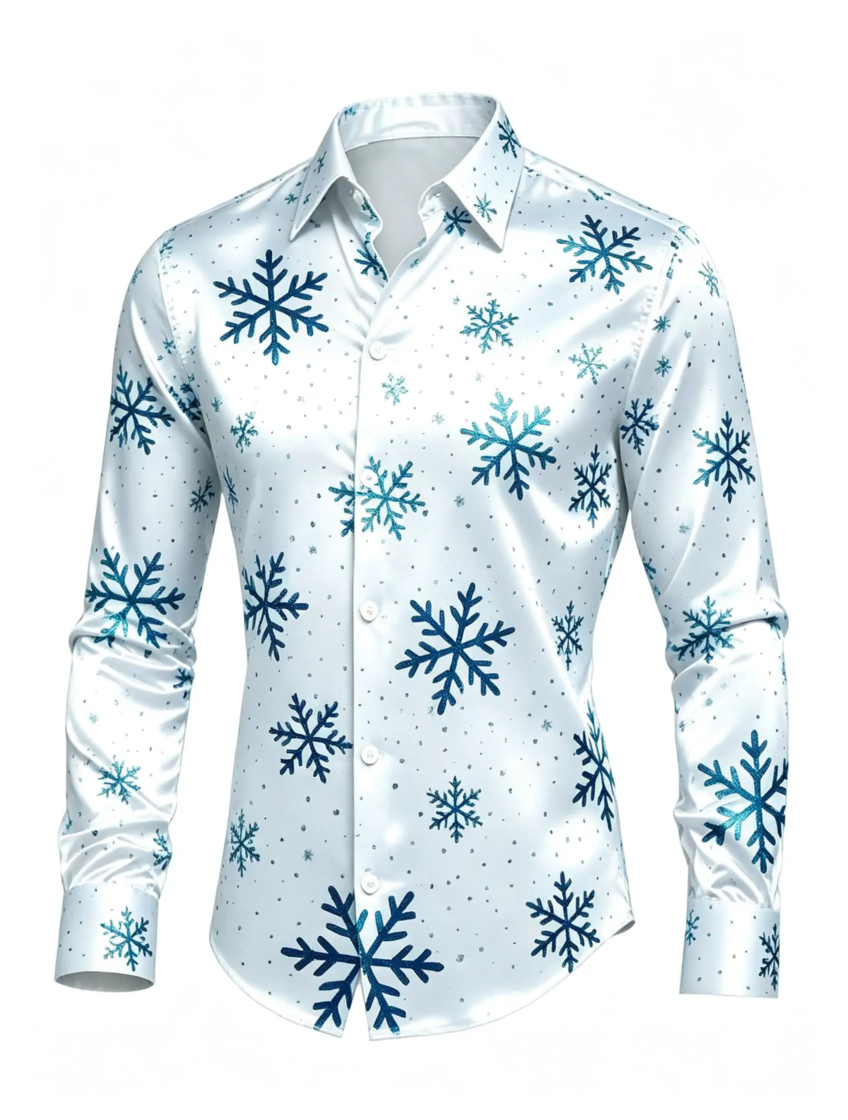 Men Winter Snowflake Graphic Shirt, White Base Blue Snow Dot Print Long Sleeve Casual New Year Party Wear