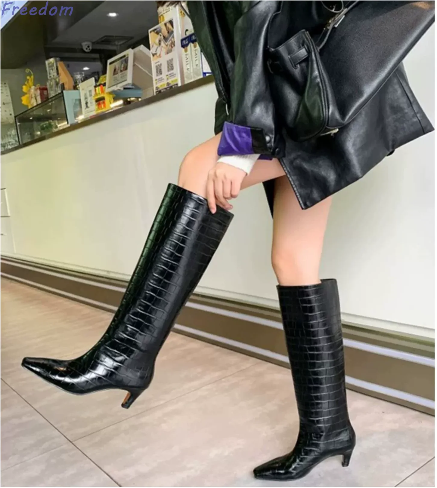 

French crocodile pattern high knight boots cat heel straight boots women's boots over the knee large leg trouser boots