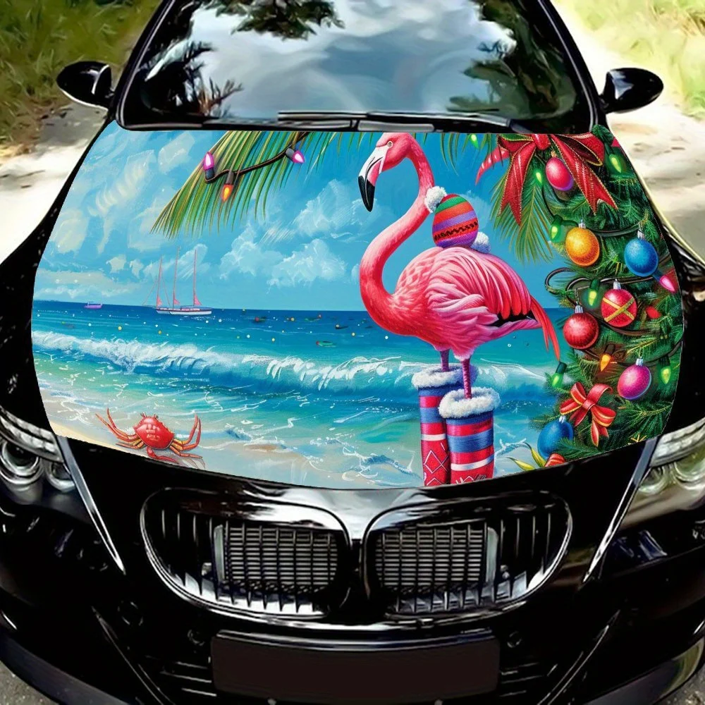 

Seaside Flamingo Car Hood Sticker PVC Self Waterproof Stick, Striking Auto Exterior Accessories Decor Protect Gift for Car Lover