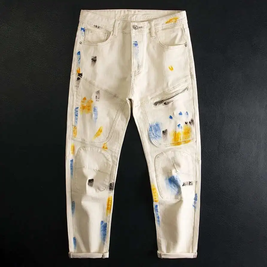 Graffiti Printed Patchwork Jeans Men Beige Splashed Erkek Jean Pantolon Trendy Brand American Casual Elastic Slim Fit Jean Men