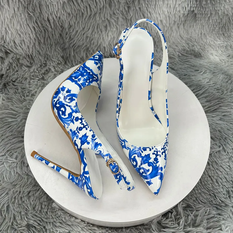 Women Blue White Porcelain Print Slingback High Heels Pointed Toe Stiletto Pumps Buckle Strap Party Wedding Evening Dress Shoes