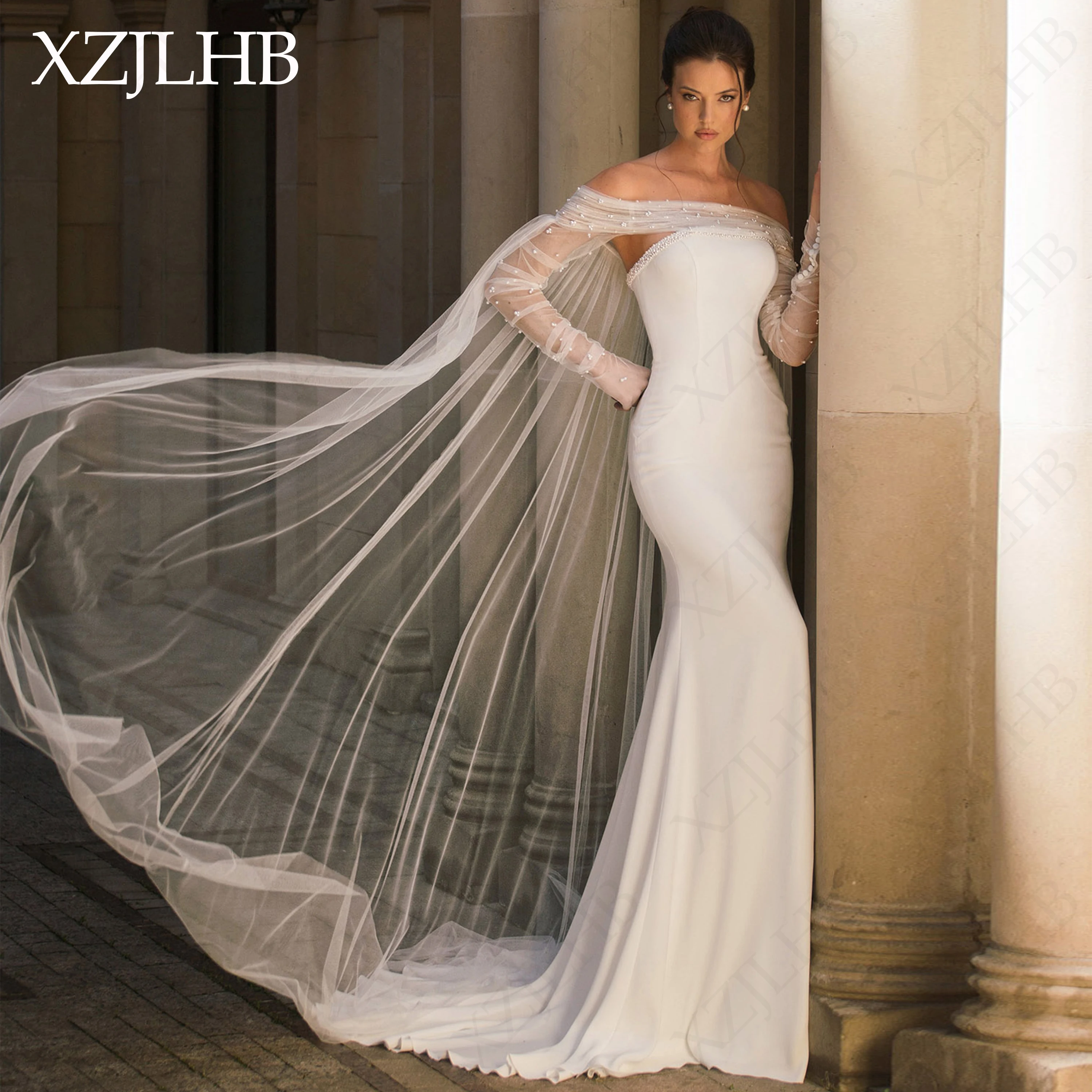 

XZJLHB Versatile Wedding Dresses with Pearls Detachable Tulle Train Satin Bridal Dress Cap Sleeves Off Shoulder свадебное платье