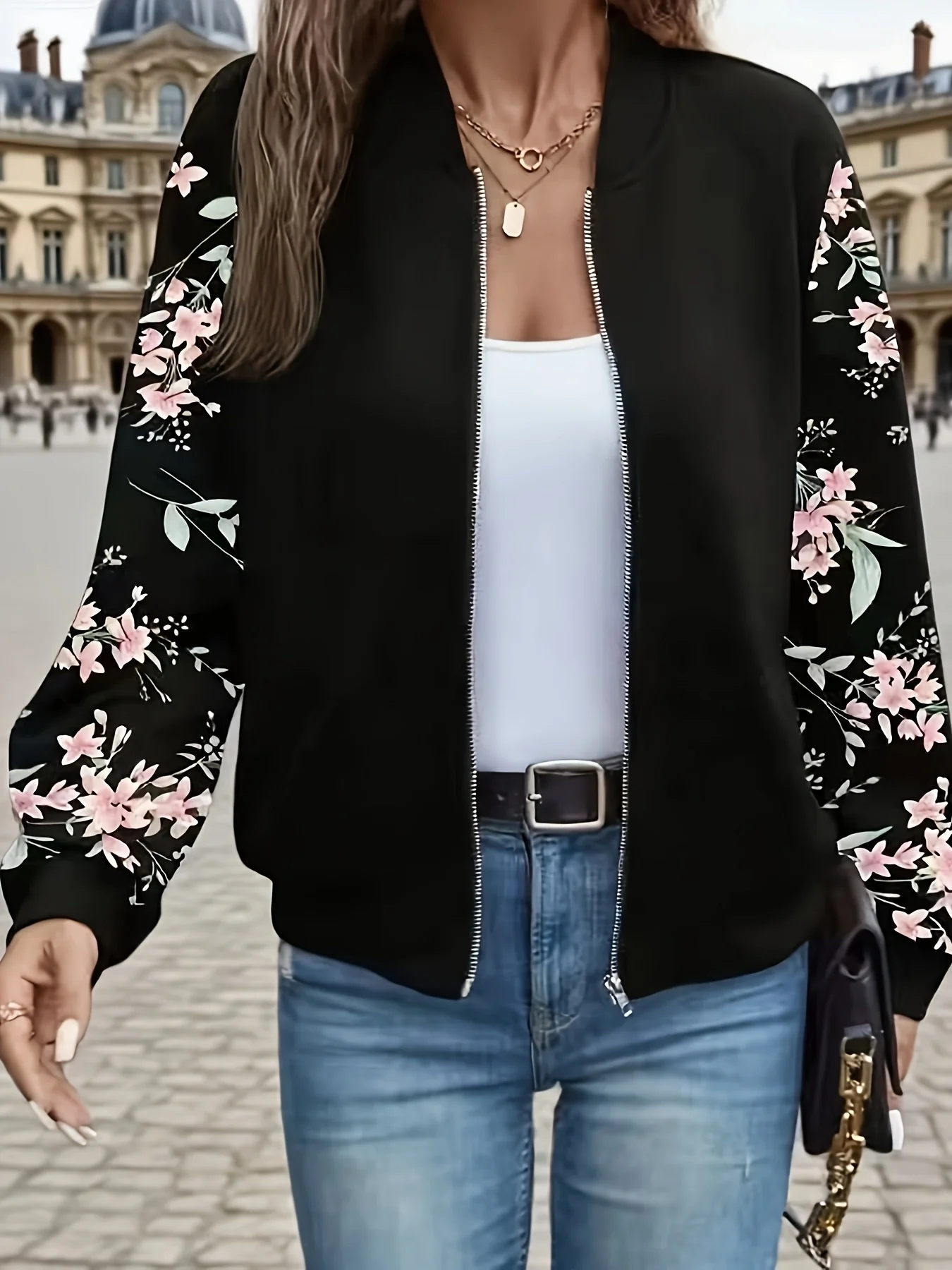 Herbst- und Winter-Langarmjacke mit Dünnem Reißverschluss, Blumenmuster und Modischem Design – Detail 1