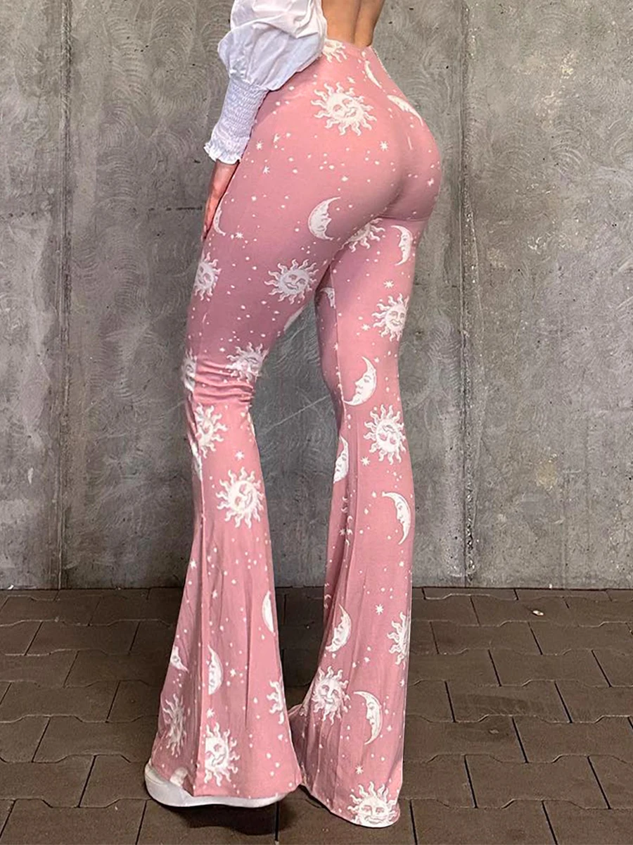 Women Flare Pants Elastic High Waist Sun Moon Print Bottoms Trousers Flared Leggings Casual Streetwear