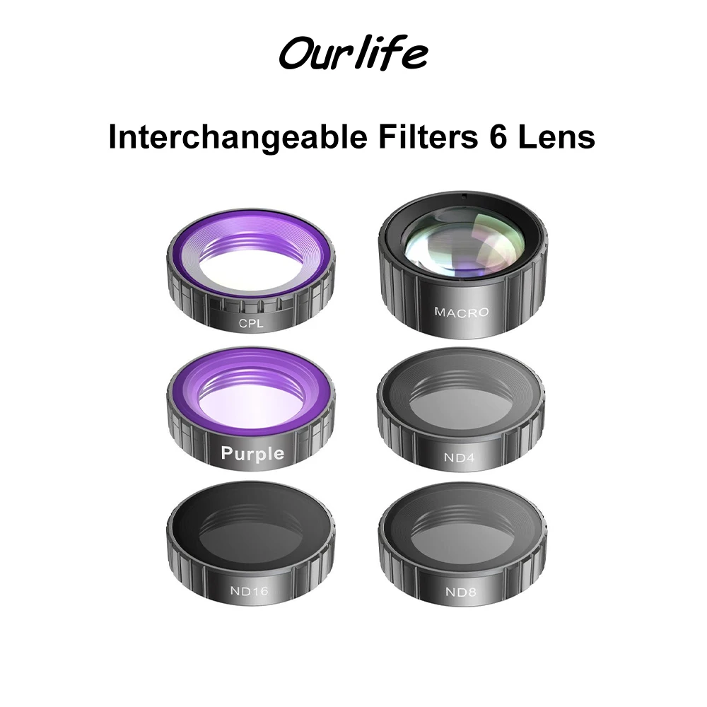 Ourlife Interchangeable Filters Set 6 Pack CPL(Polarizing)/Puple/Macro/ND4/ND8/ND16 Filter Compatible Action Camera MTR80 MTR81